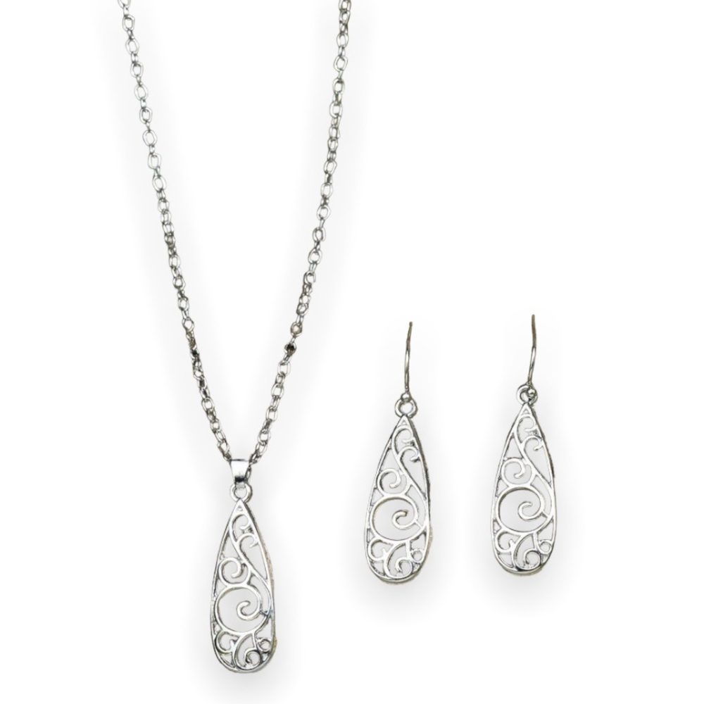 New Boho 3pcs Floral Hollow Out Sterling Silver Water Drop Decor Jewelry Set
